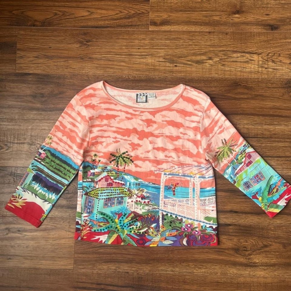 Y2K Boho Artsy Vibrant Tropical Pink Sequin Beaded Shirt‎ Tie Dye Women Medium